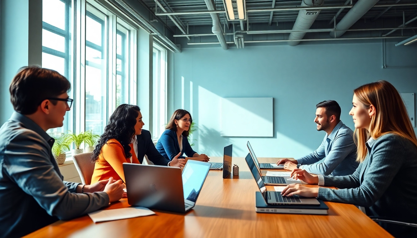 Businesspeople discussing contracts and grants in a modern office environment.