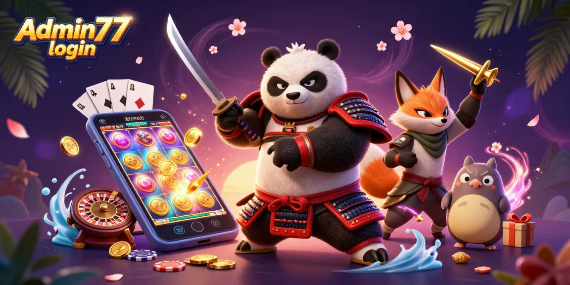 Admin77 login: Experience thrilling wins with a fierce samurai panda in this vibrant casino illustration.