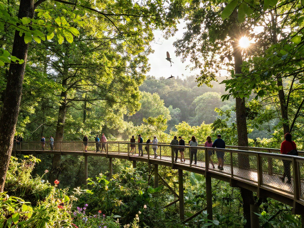 Treetop Walkway experience amidst vibrant green trees and sunlight filtering through the leaves, as visitors enjoy the elevated path.
