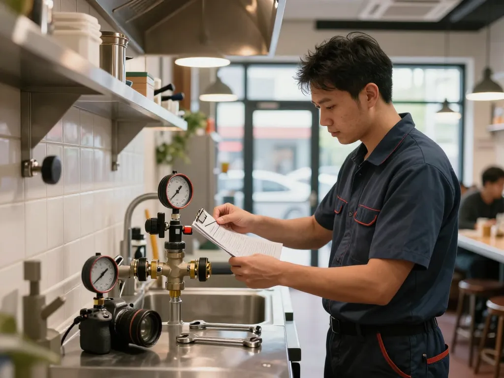 Expert performing commercial backflow prevention maintenance in a café, ensuring water safety compliance.