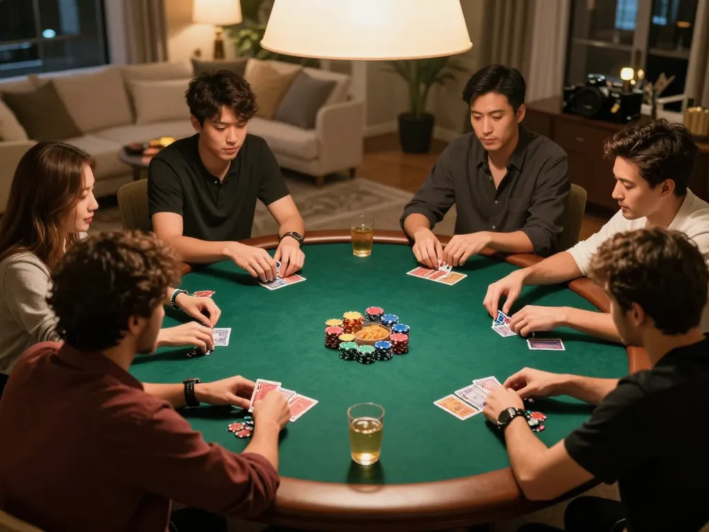 Players engage in a friendly poker game at home, showcasing RR88's strategic gameplay and social bonding.