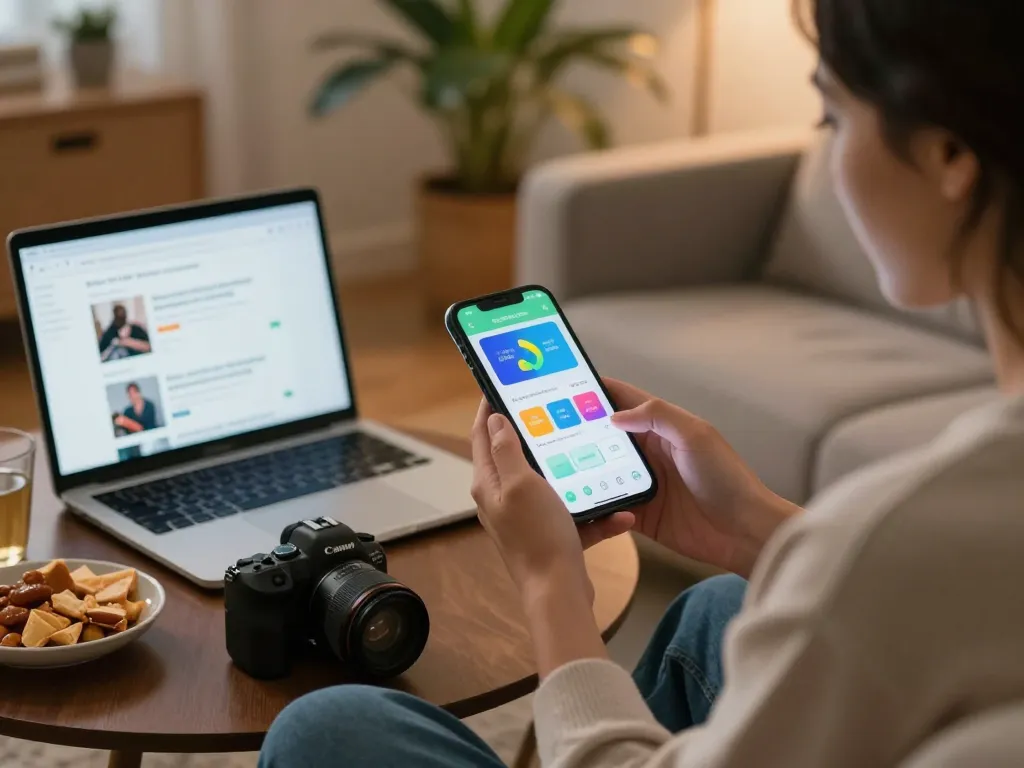 Engaging scene of user downloading Myfairplay app on smartphone at home, showcasing a cozy atmosphere and productive setup.