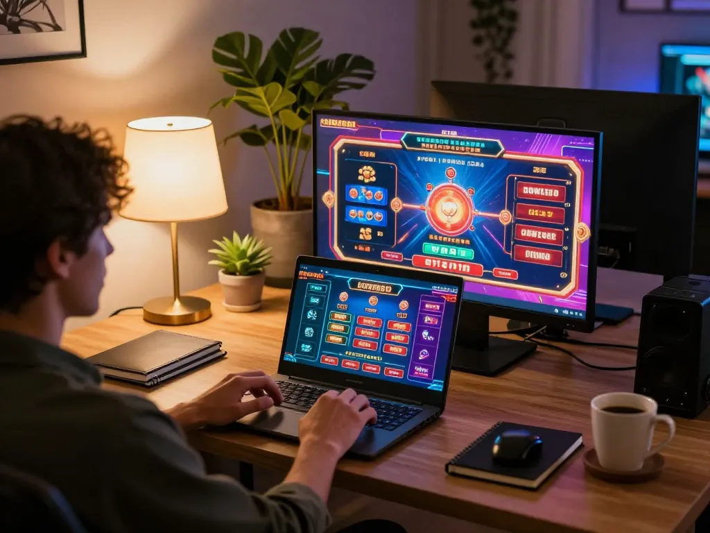 Engaged player at RR88 enhancing online gaming experience with laptop and strategic notes.