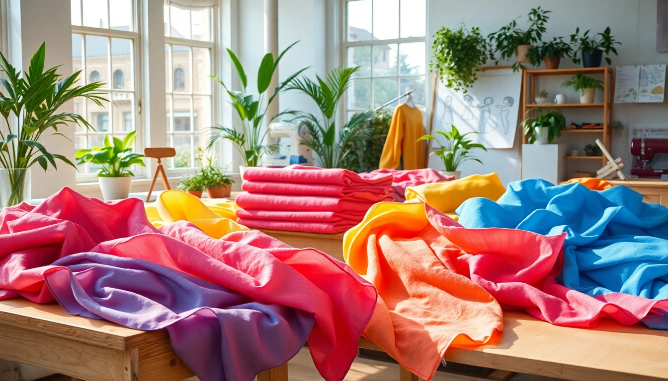 Viscose stoffen in diverse kleuren en texturen op een werkplaats met natuurlijk licht.