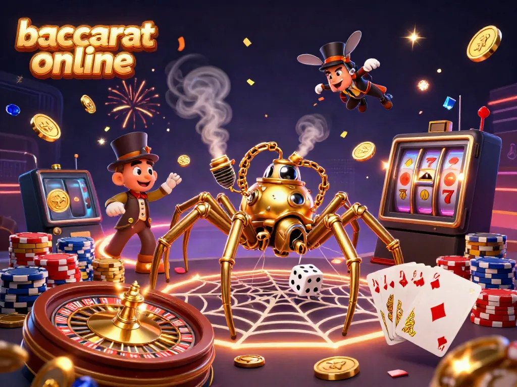 Experience baccarat online with this dynamic 3D illustration showcasing a playful casino scene.