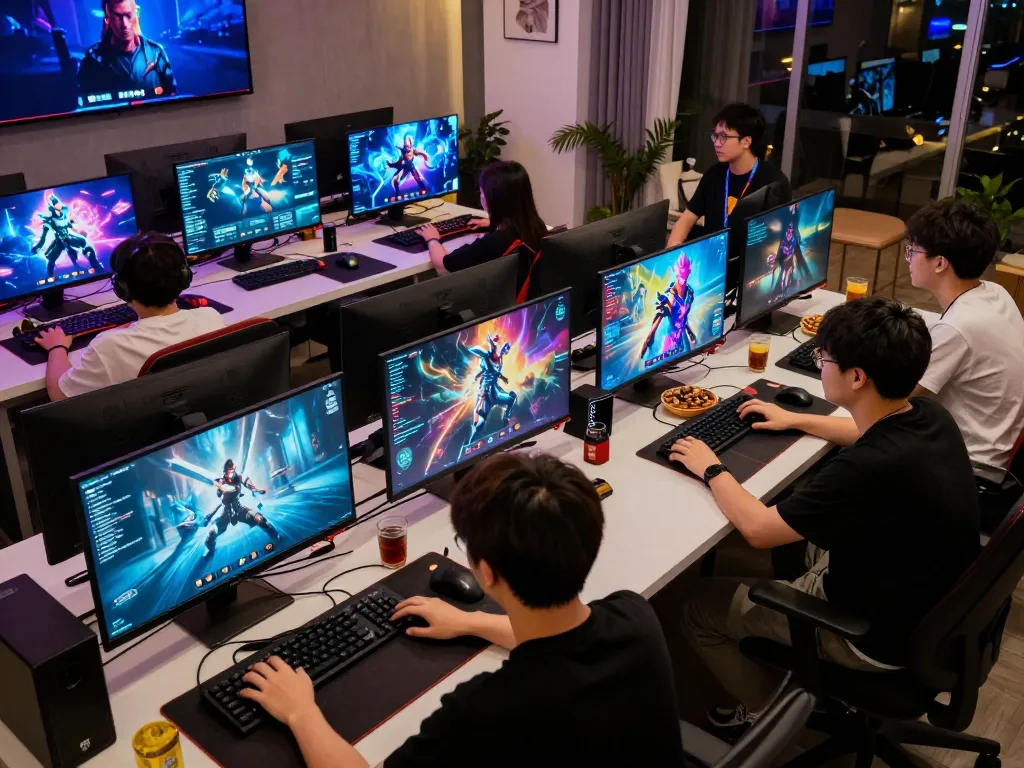 KPK100 players strategizing during an exciting gaming session with multiple screens in a modern setting
