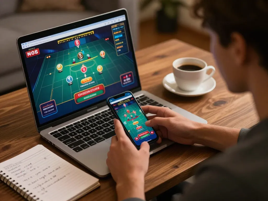 Engaging in online casino gaming on laptop and smartphone, featuring strategic gameplay and cozy home atmosphere, showcasing expertise in 789.