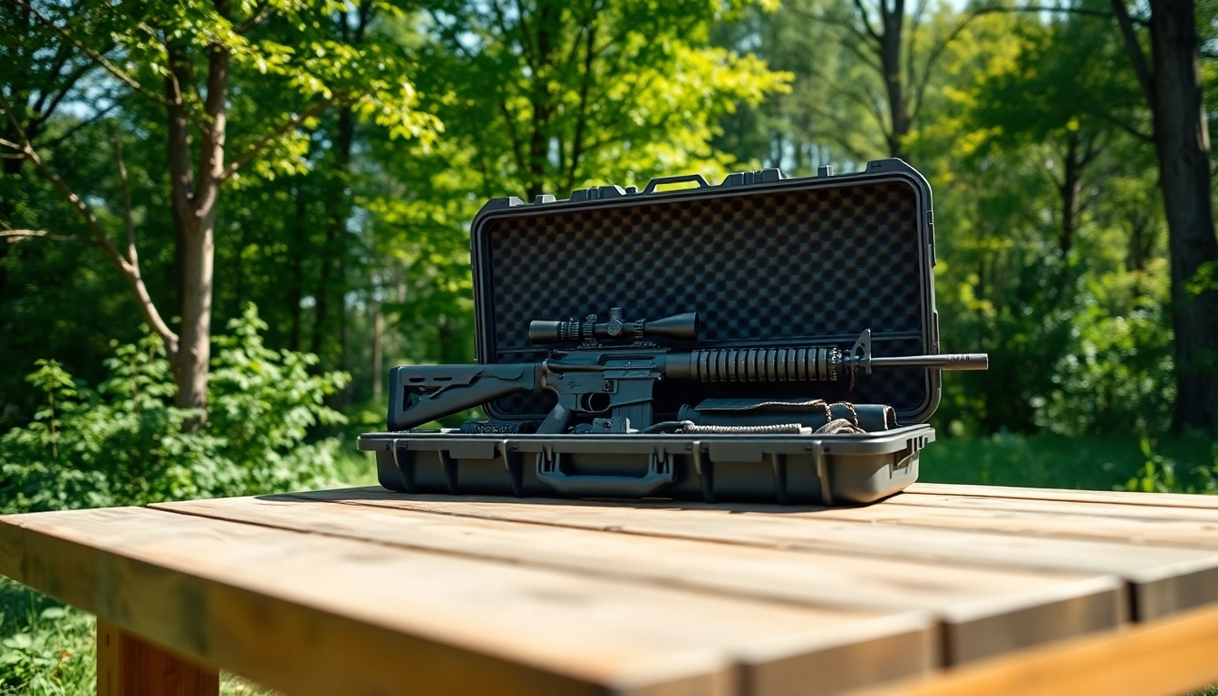 Shop the Pelican gun case for sale showcasing rifles in a natural outdoor setting.