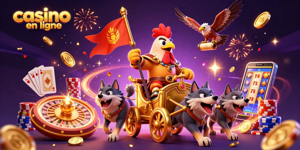 Casino en ligne avec des personnages en 3D, des jetons colorés et des pièces d'or volantes.