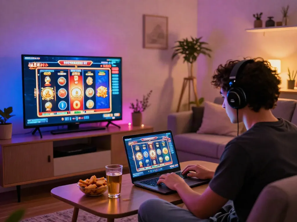 Engaging online slot gaming scene in a cozy living room.