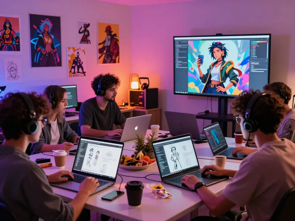AI NSFW creative team collaborating on innovative character designs in a vibrant art studio