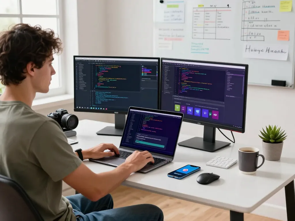 Moltbot setup in a software development workspace with coding screens and tech tools.