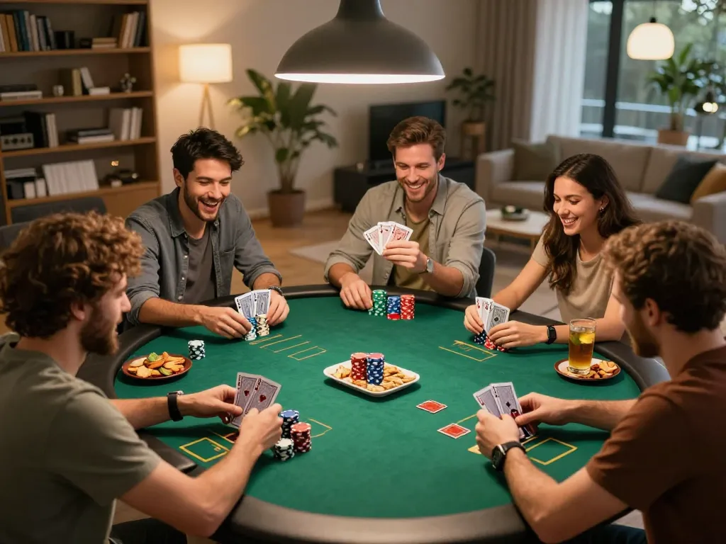 Friends enjoying a lively game of poker at home with rich scenes from the popular rikvip gaming experience.