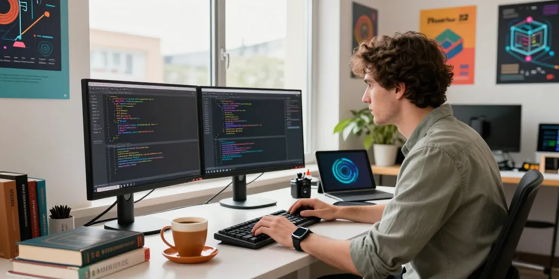 Engineer programming with dual monitors and coding tools in vibrant workspace showcasing bro138.