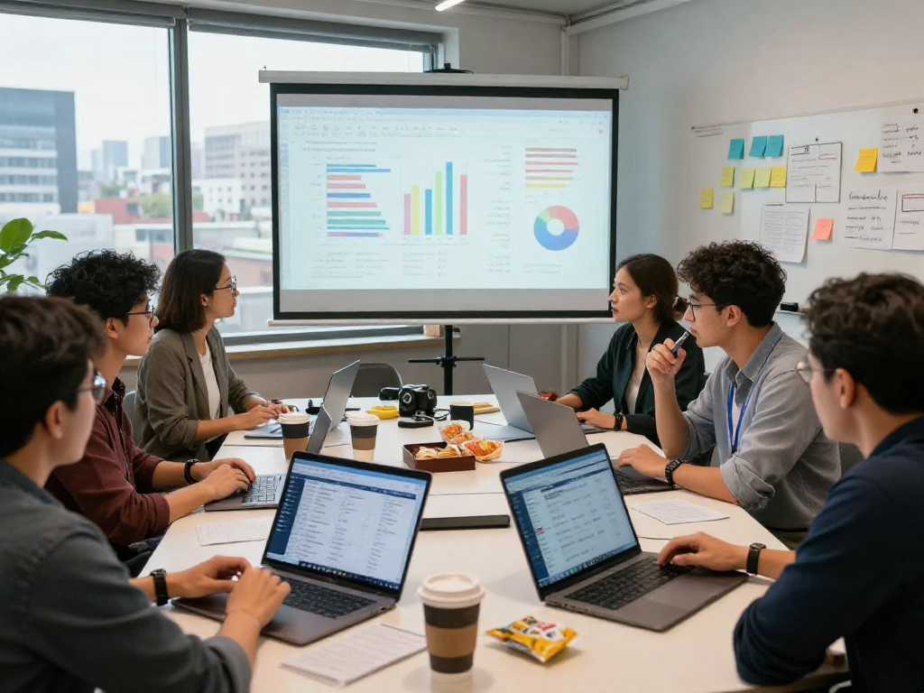 Political strategists collaborating using a political texting platform in a modern office.