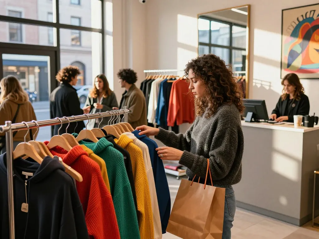 Youthful woman shopping at revelcollective.myshopify.com boutique showcasing trendy urban fashion.