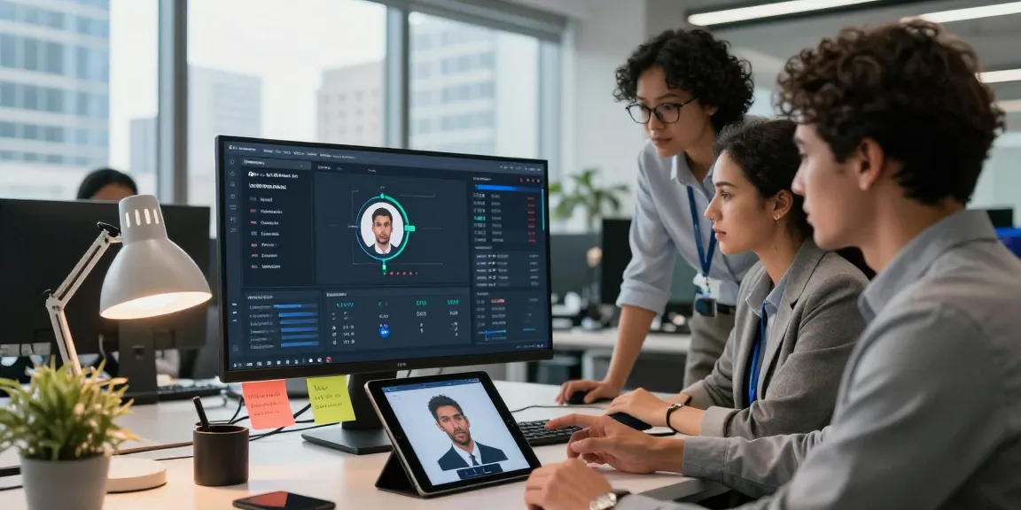 Team analyzing an age verification system dashboard in a modern office.