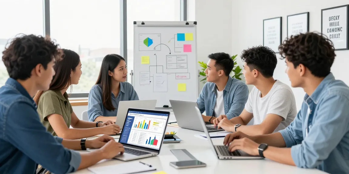 Marketing team collaborating on strategies for facebook ad agency accounts in a modern office environment.