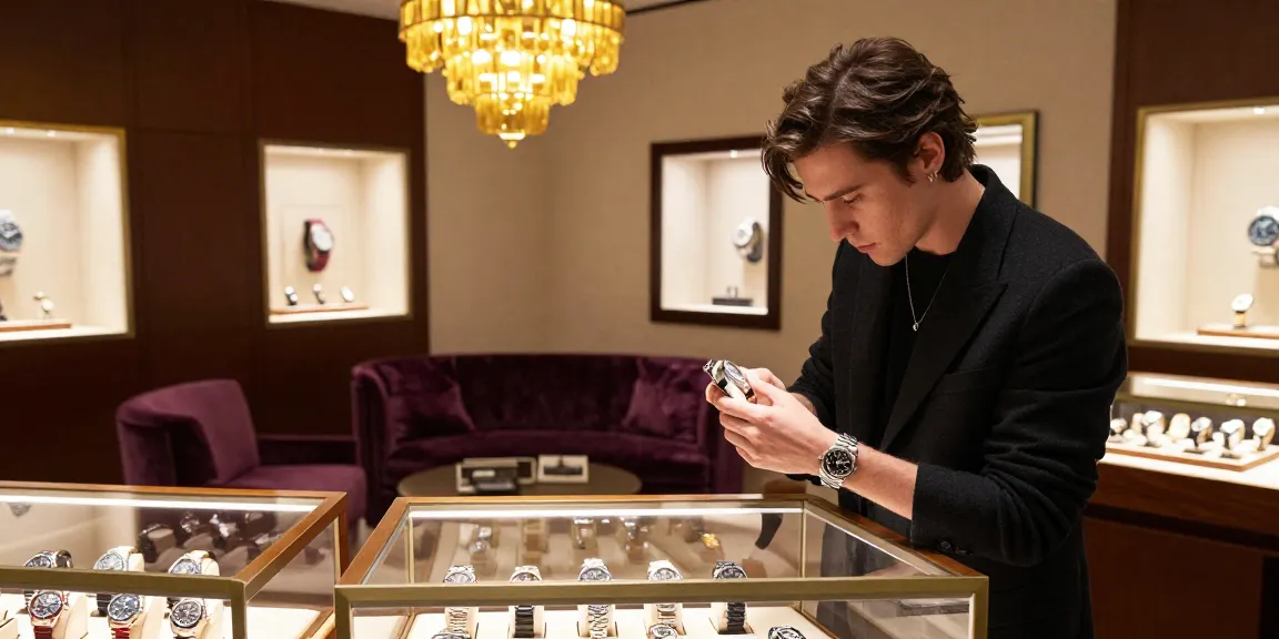 Examining Rolex super clone watches in a luxurious jewelry store setting with elegant timepieces.