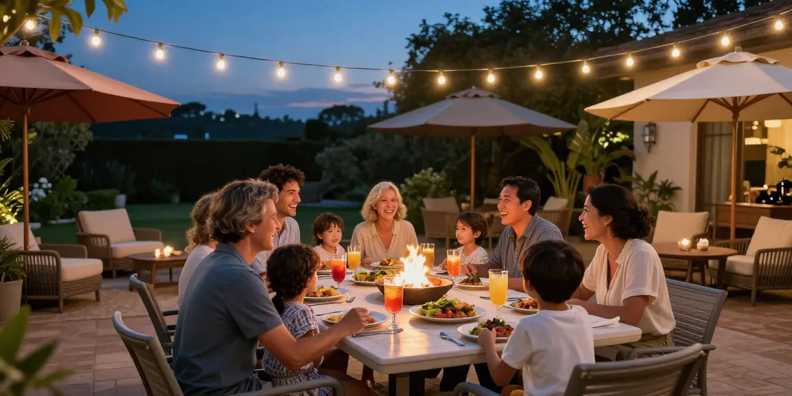 Outdoor patio furniture in a cozy family gathering, showcasing an elegant dining set and beautiful atmosphere.