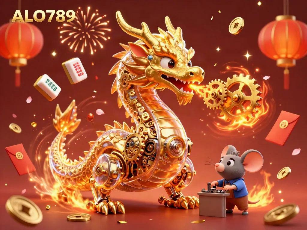 Engage with ALO789's dynamic and vibrant golden dragon illustration showcasing casino-themed elements and festive celebrations.