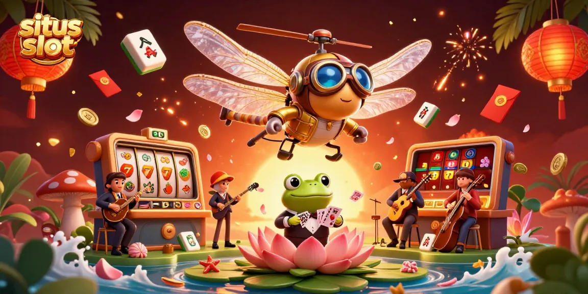 Gambar situs slot menampilkan slot reel dan karakter kasino dalam suasana meriah.