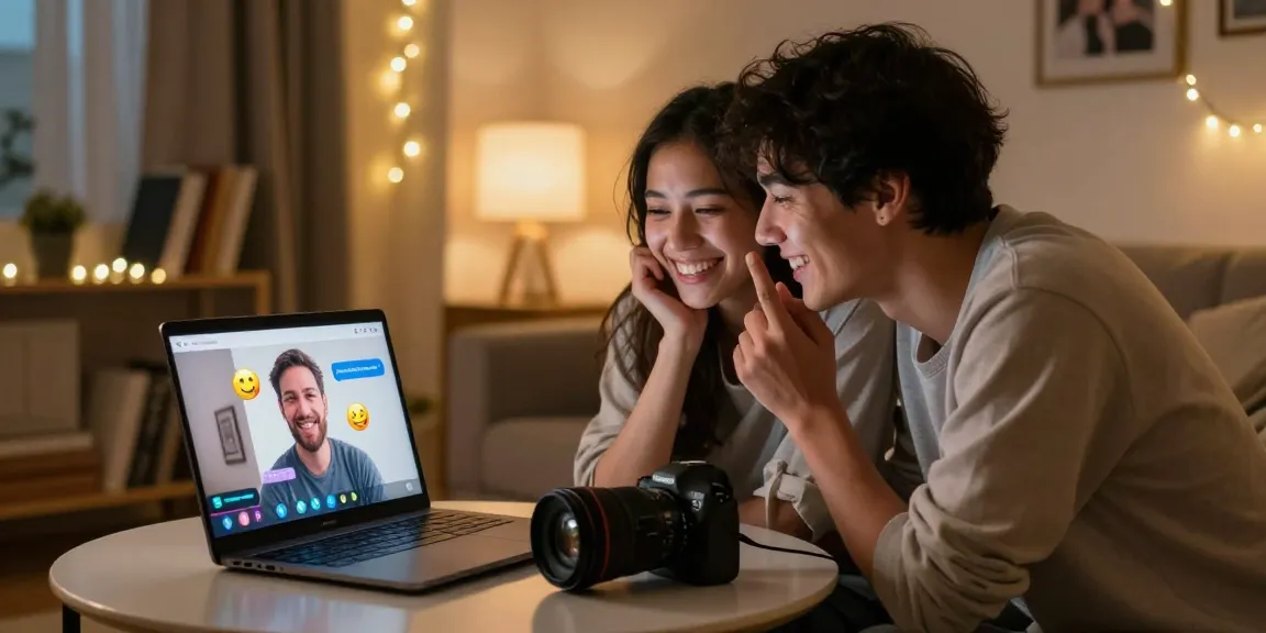 Engaging porn chat AI session between a couple sharing laughs and emojis in a cozy, intimate setting.