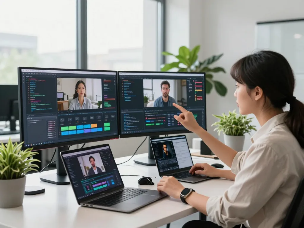 Video to prompt ai workspace with professional analyzing video content using AI text prompts in a bright tech office.
