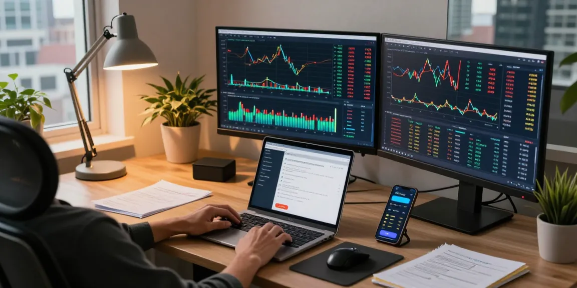 ifps trading workspace with multiple monitors showing cryptocurrency analytics and portfolio balances