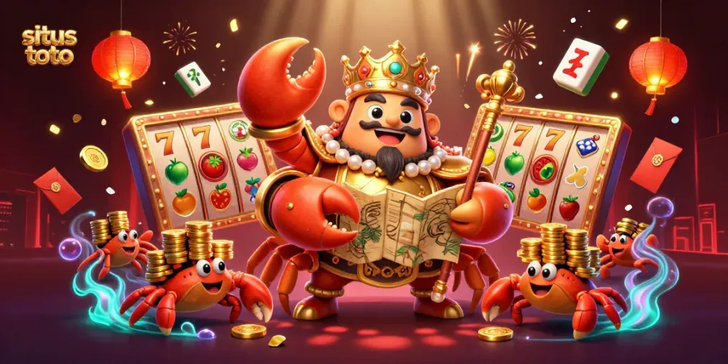 Menangkan pengalaman bermain situs toto dengan ilustrasi 3D kekaisaran kepiting emas dan elemen kasino.