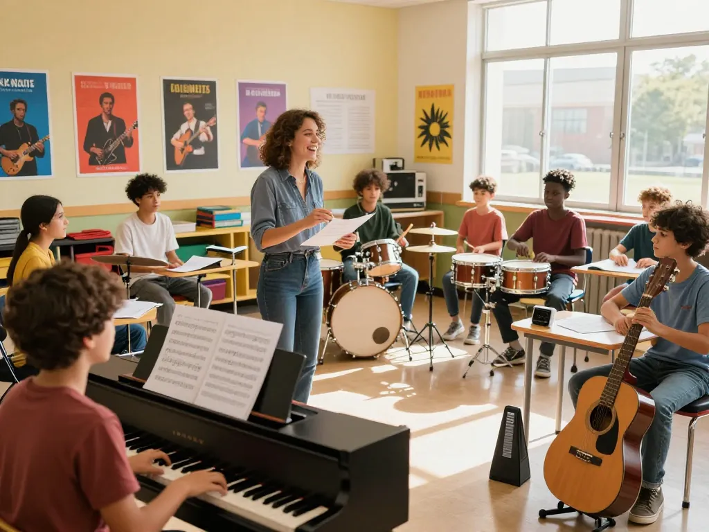 インタラクティブなレッスン中に明るい音楽教室で音楽教室おすすめを探求する学生たち。
