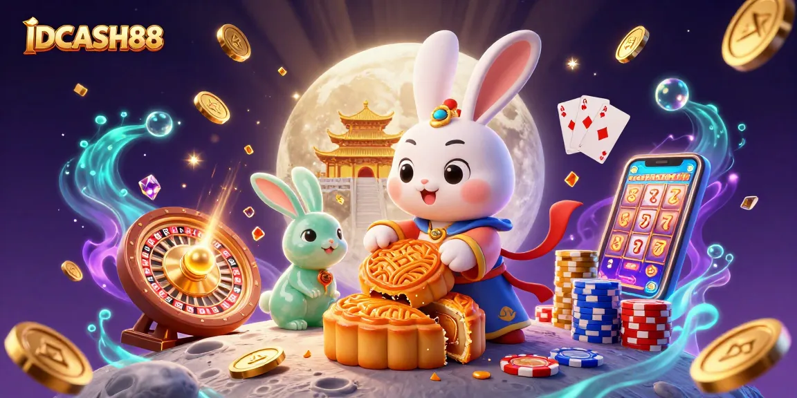 IDCASH88 brings luck with lunar-themed casino gaming featuring vibrant poker chips and golden treasures.
