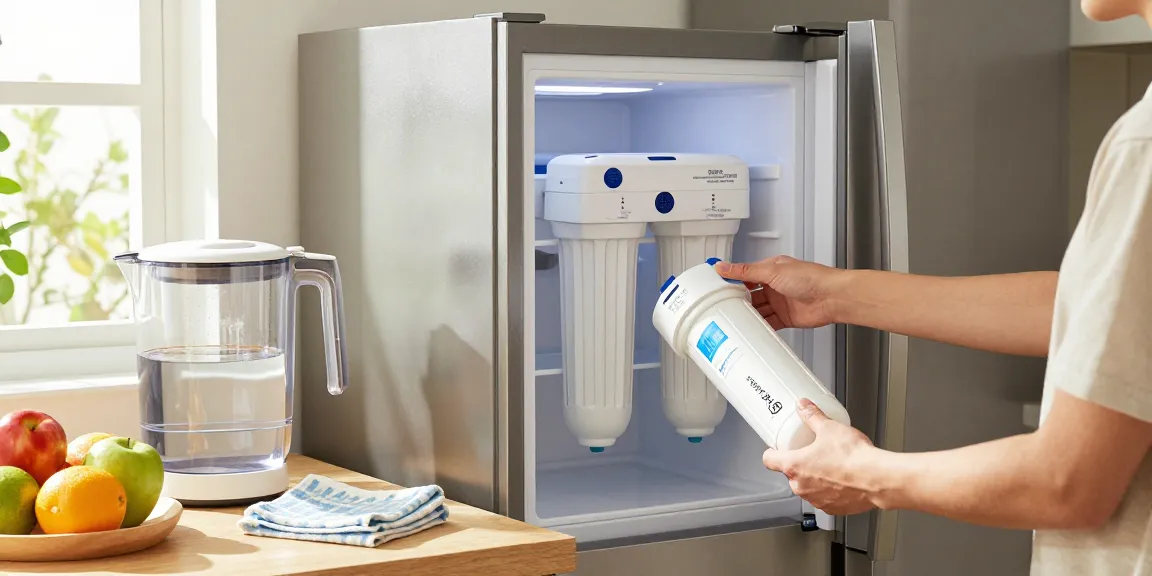 Person replacing the Waterdrop Plus EDR3RXD1 Replacement for Everydrop® Filter 3 in a clean kitchen.