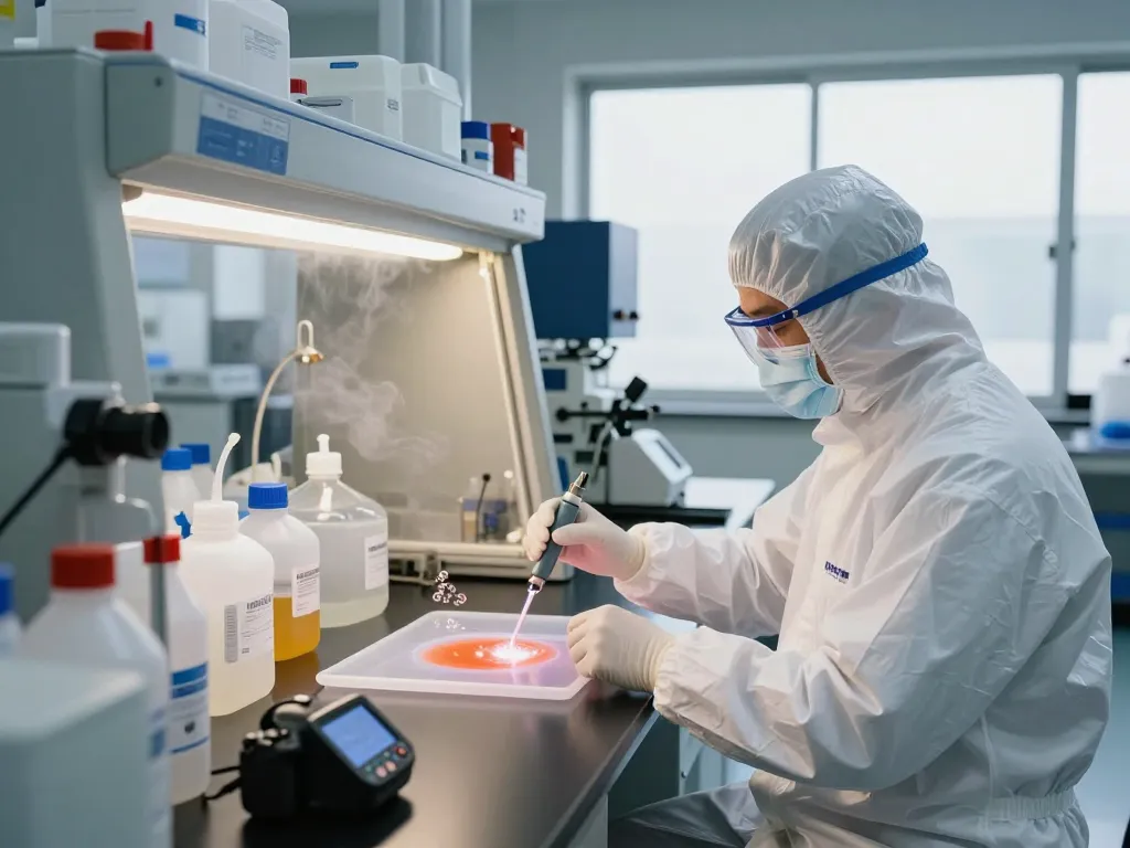 Applying Hóa chất bóc lớp ép plastic in a modern lab environment focusing on safety and precision.