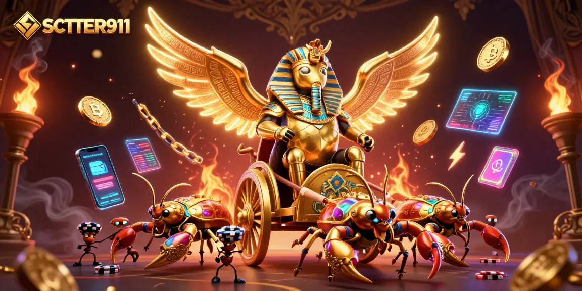 Engage with SCATTER911's vibrant 3D casino scene featuring a majestic pharaoh beetle and golden elements.