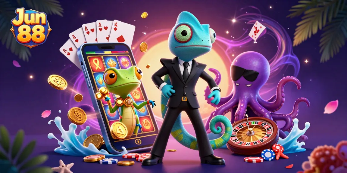 Experience thrilling gameplay at Jun 88 with vibrant slot games, golden coins, and exciting characters.