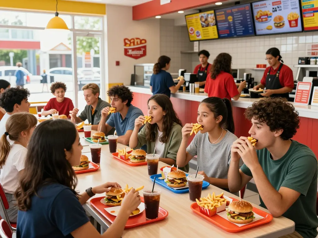 Fast food menu items enjoyed by friends in a lively restaurant setting.