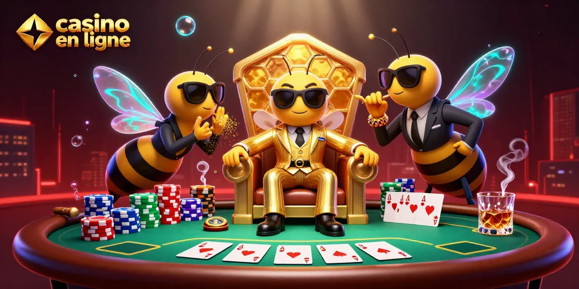 Scènes de casino en ligne avec la boss abeille, des gardes et des éléments de poker.
