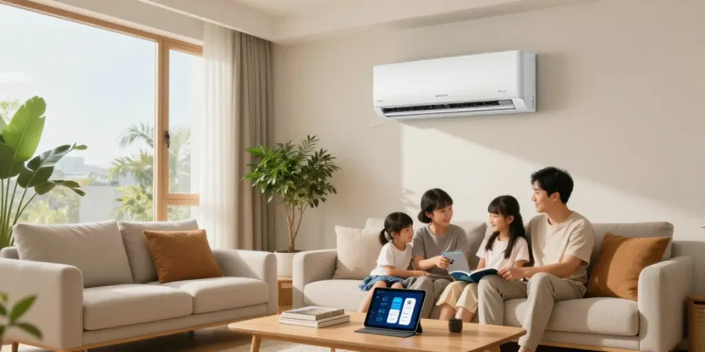 Modern living room with mini split 12000 BTU AC unit, family enjoying quality time, bright and inviting atmosphere.