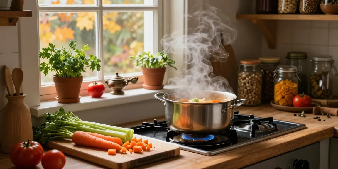 Leckere vegetarische Suppe köchelt in einer rustikalen Küche und zeigt frische Zutaten.