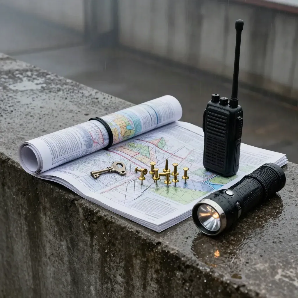 Rain-slick patrol-planning kit with maps, pushpins, radio, and flashlight on concrete at dawn.