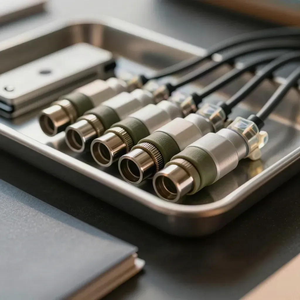 Macro still life of a drive, cable adapters, and translucent tabs in a metal tray.