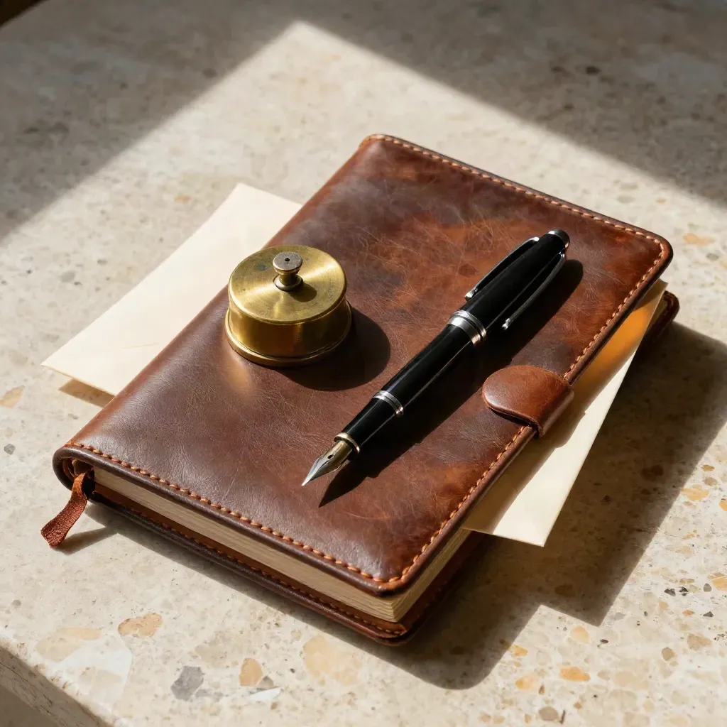 Leather folio, brass paperweight, fountain pen and sealed envelope on warm stone