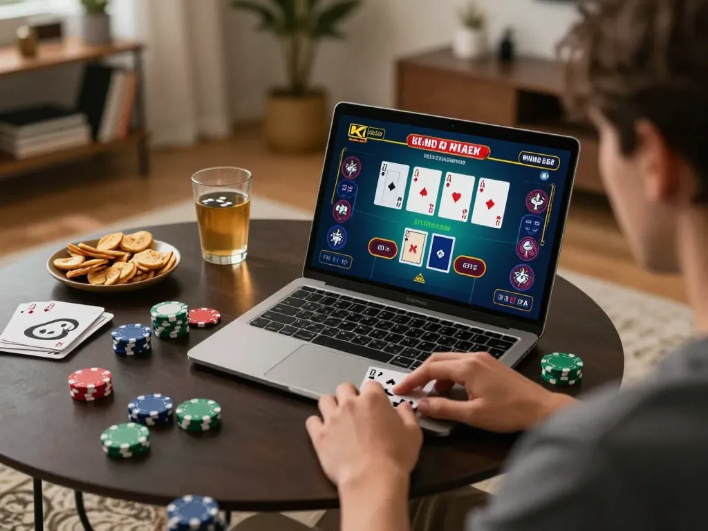Engaging in online casinos in Canada with live dealer blackjack at home, featuring laptop gameplay.