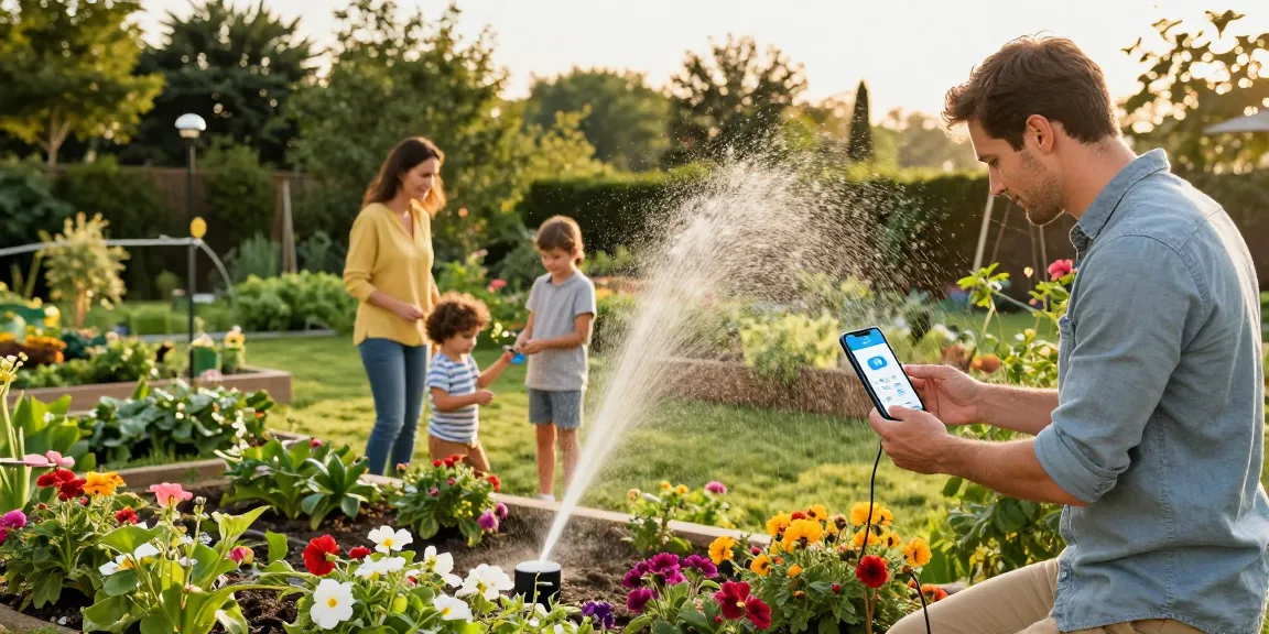 Family enjoying a flourishing garden while using a smart sprinkler for efficient watering.
