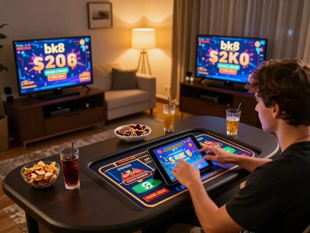 Engaging home gaming scene with a player enjoying bk8 slots on a tablet, showcasing excitement and comfort.