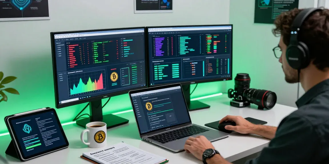 Cybersecurity expert working to recover stolen cryptocurrency in a modern digital workspace, focused on blockchain data analysis.