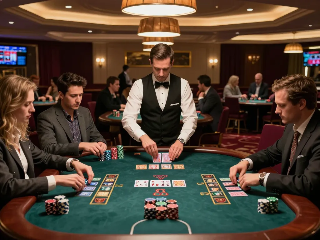 Players strategizing at the fc88 blackjack table in a bustling casino environment