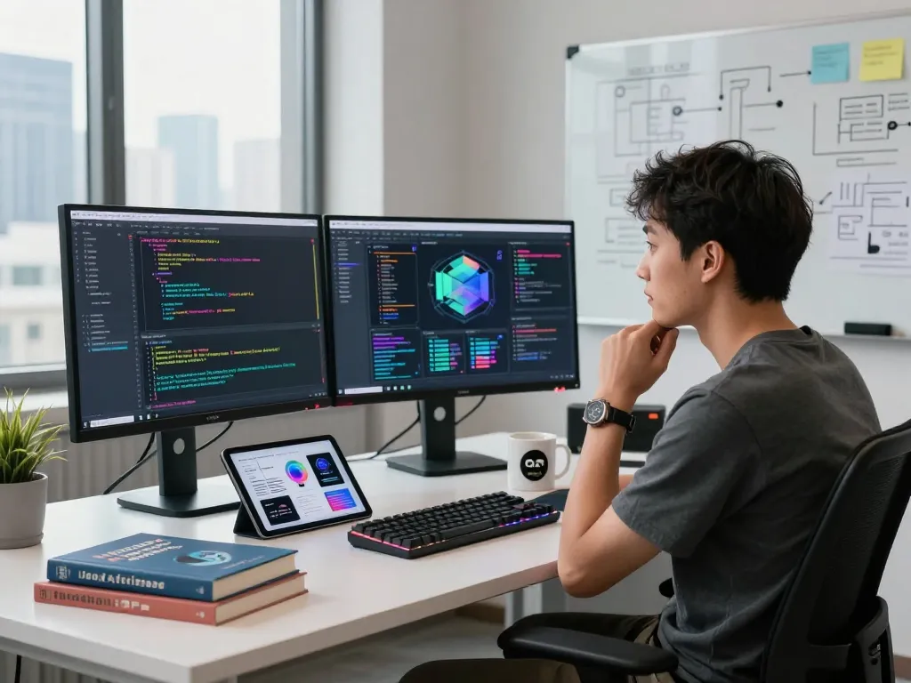 Developer using Clawdbot AI assistant in a modern workspace filled with technology and innovation.