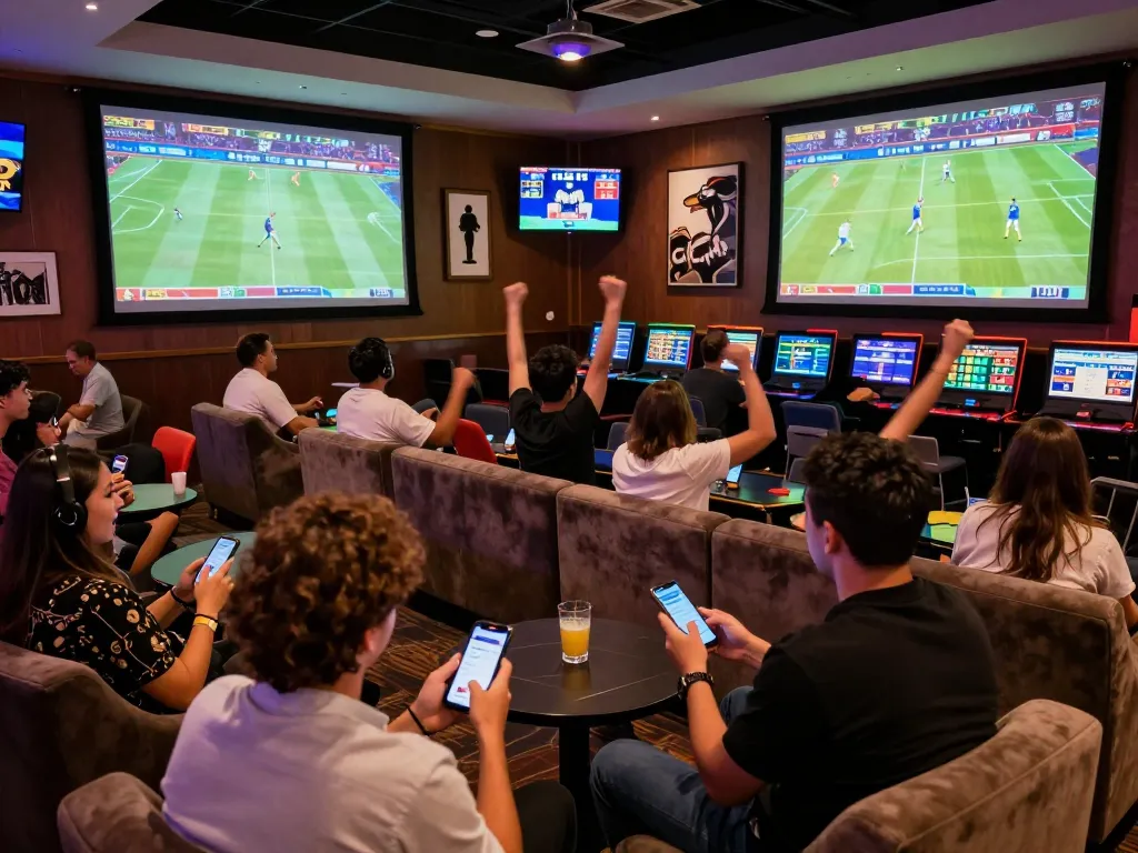 Excited bettors engaging with rik vip mobile app in a lively casino sports lounge